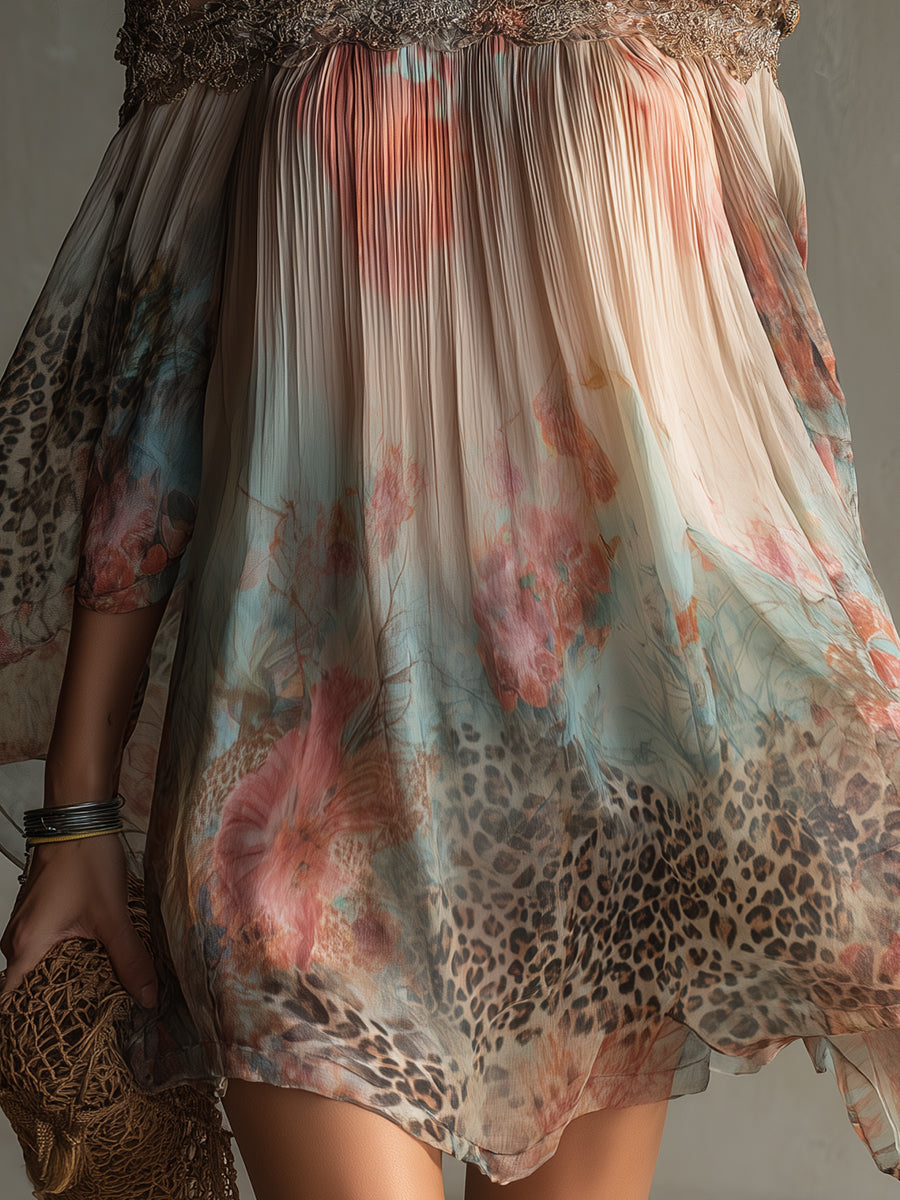 Bohemian Holiday Chiffon One-shoulder Lace Patchwork Leopard Print Mini Dress