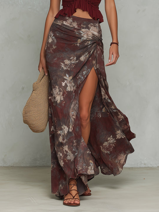 Boho Ruffled Vest & Oil-Painting Floral High-Slit Skirt Set