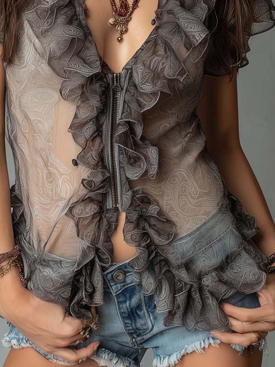 Retro Paisley Sheer Ruffle Zip-Front Blouse – Futario