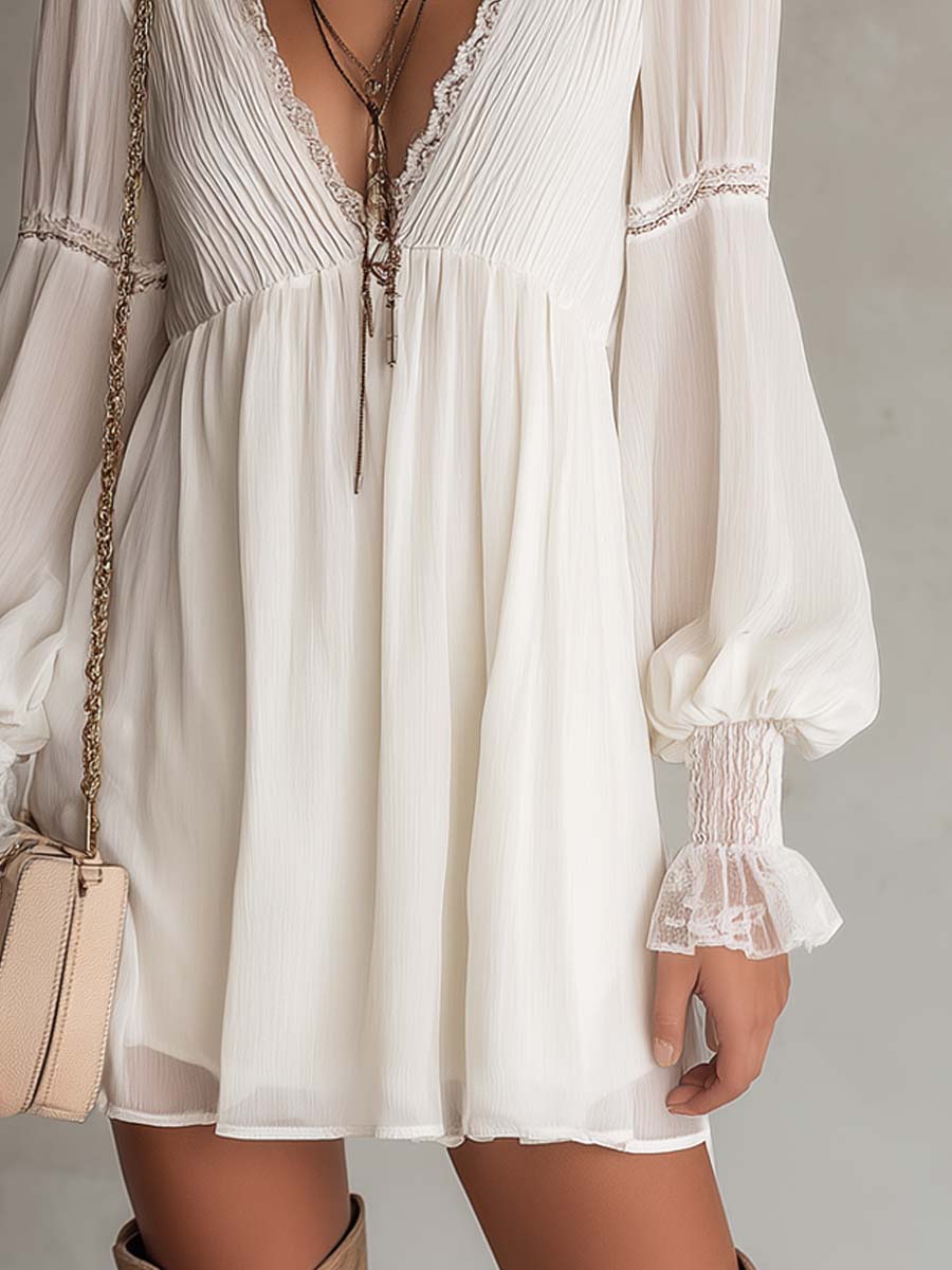 Retro Pleated-Bust Chiffon Mini Dress