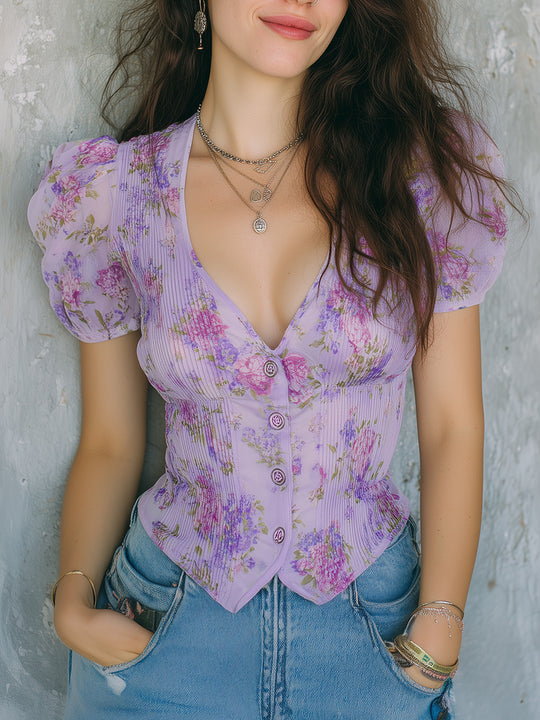 Vintage Pleated Chiffon Printed Blouse