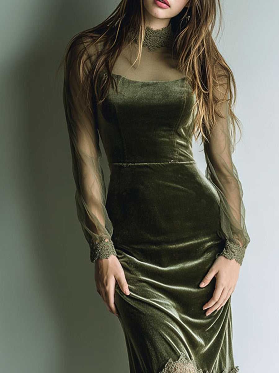 Elegant Sheer Long Sleeves Olive Velvet Midi Dress With Lace-Trim
