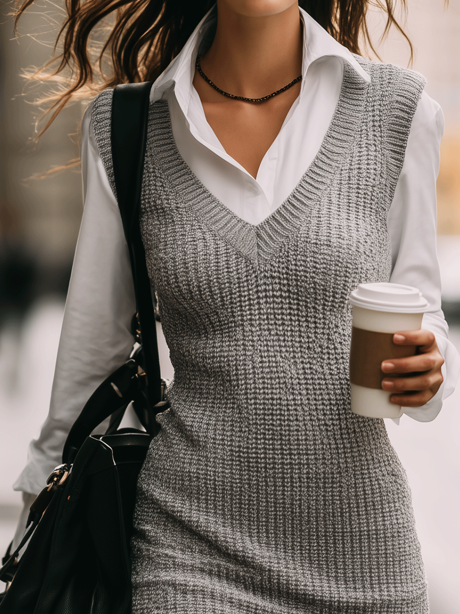 Chic Grey Knit Vest Mini Dress