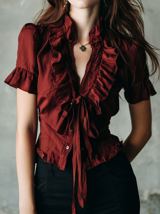 Retro Wine Red Tie-Neck Ruffled Short Sleeve Blouse