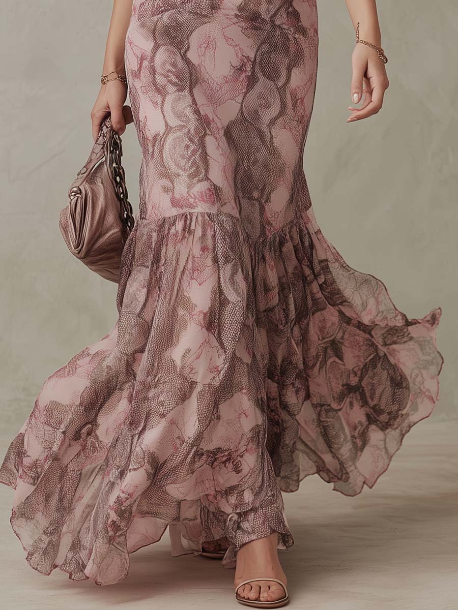 Elegant Dusty Rose Floral Chiffon Maxi Dress