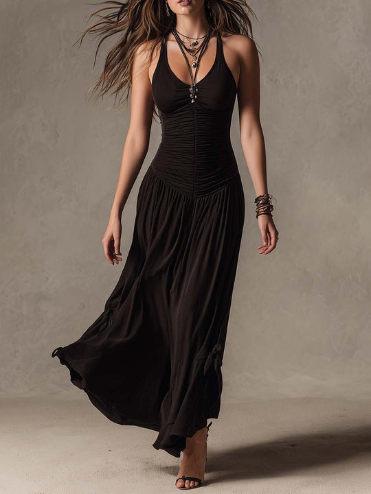 Classic Black Sleeveless Knit Pleated Maxi Dress
