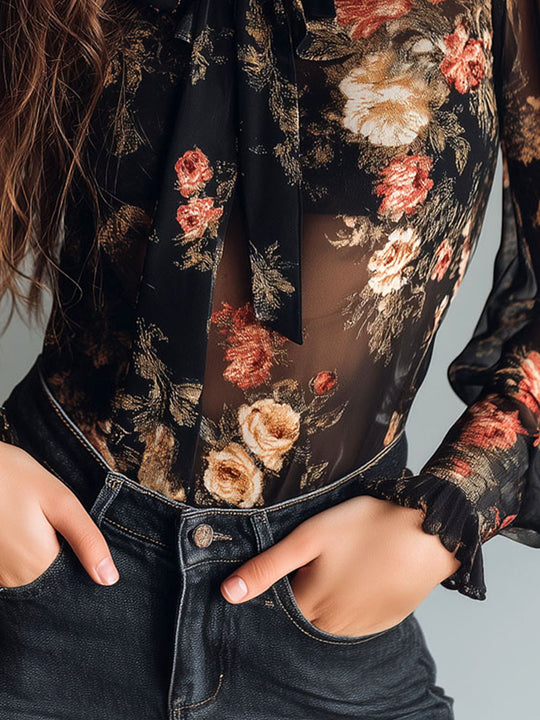 Vintage Black Sheer Chiffon Floral Tie Neck Blouse