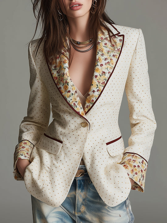 Retro Polka Dot Floral Print Lapel Slim-fit Blazer