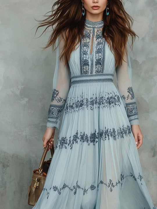 Retro Boho Floral Print Chiffon Midi Dress