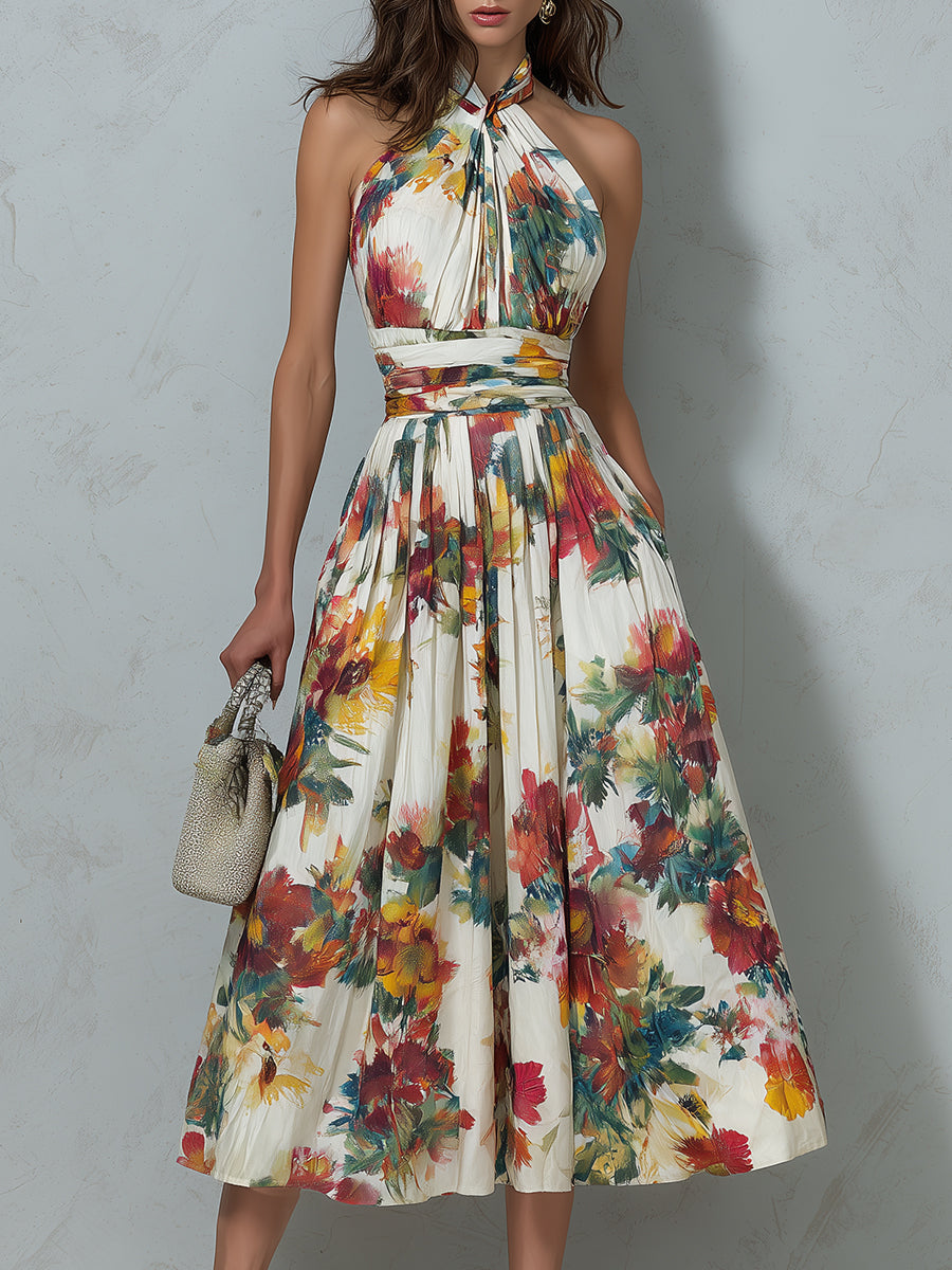 Retro Halter Neck Floral Print Pleated Midi Dress