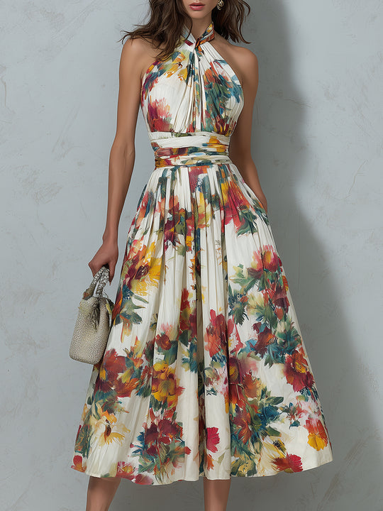 Retro Halter Neck Floral Print Pleated Midi Dress