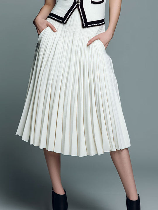 Quiet Luxury Constract Trim Ivory Knit Vest & Pleated Midi Skirt Set