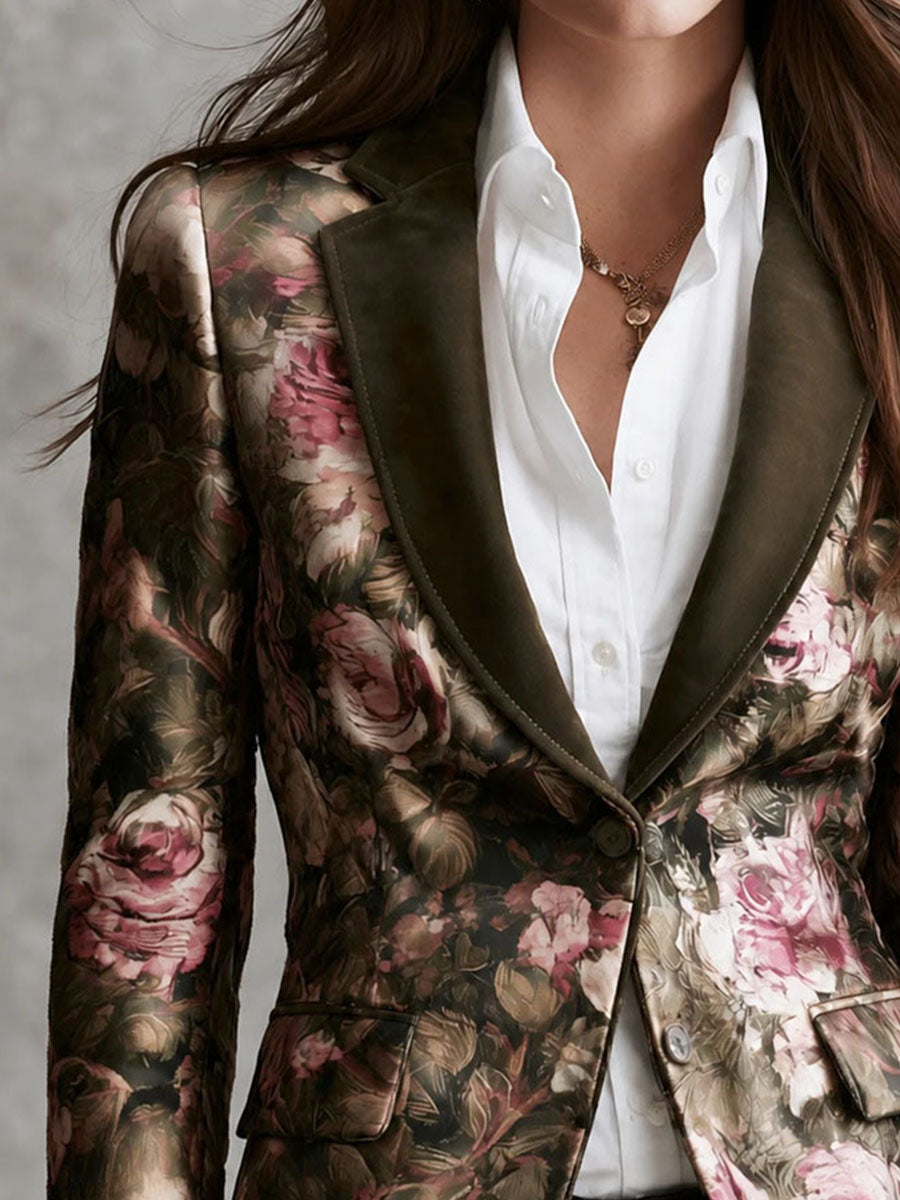 Vintage Victorian Rose Floral Olive Suede Lapel Blazer