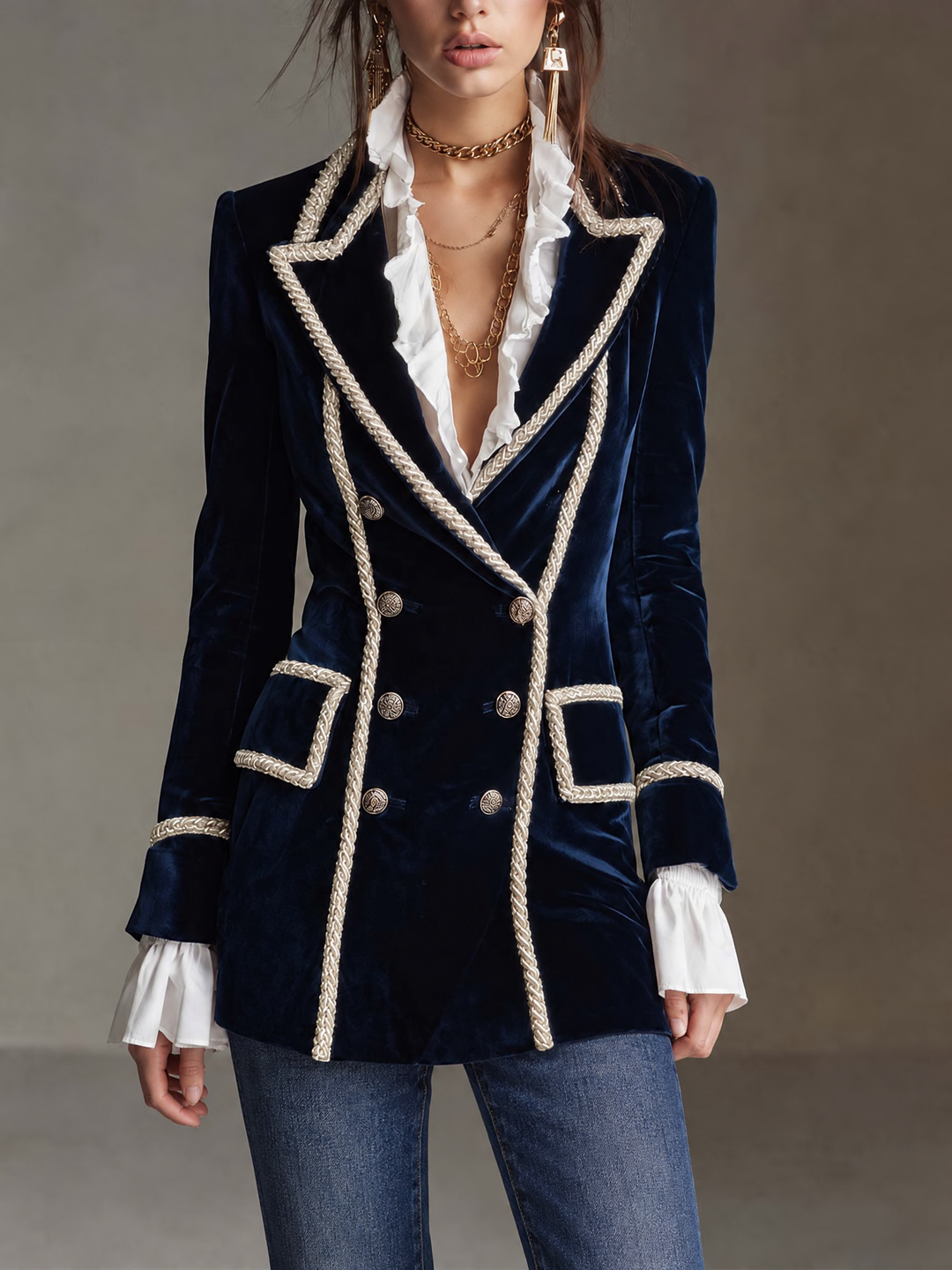 Elegant Navy Velvet Double-Breasted Braided Trim Blazer Dress