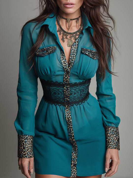 Bohemian Leopard Print Fitted Mini Dress With Lace Belt