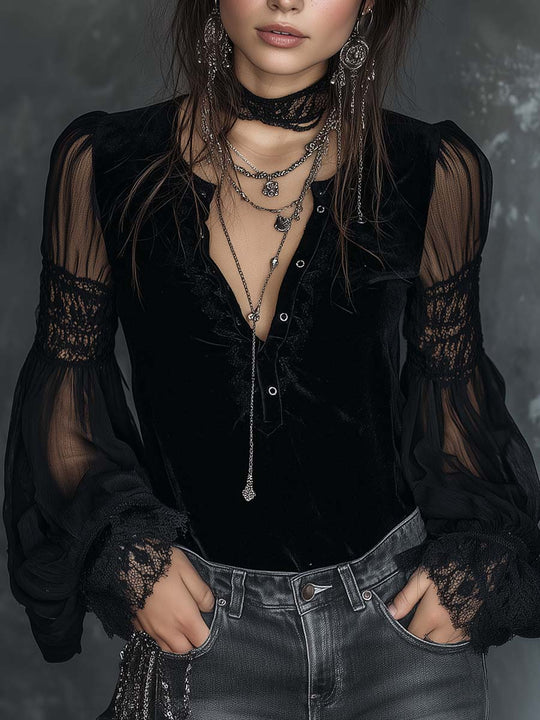 Vintage Henley Collar Sheer Sleeves Lace Trim Polyester Velvet Blouse