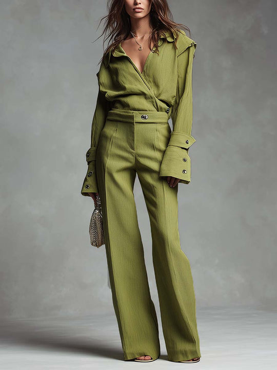 Rayon-Linen Tailored Wrap Shirt & Wide-Leg Trouser Set