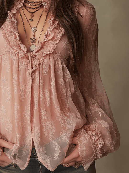 Romantic Blush Boho Sheer Ruffle Blouse