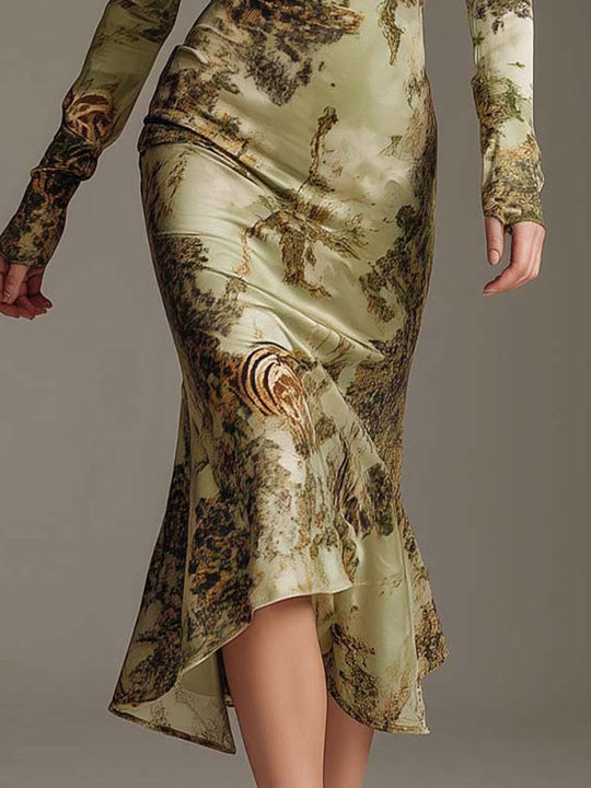 Sage Moss Printed Stretch Satin Midi Dress