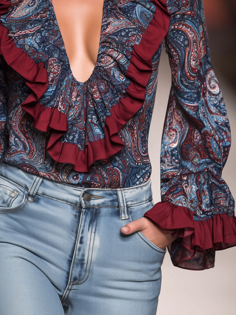 Romantic Boh Deep V-Neck Paisley Ruffled Chiffon Blouse