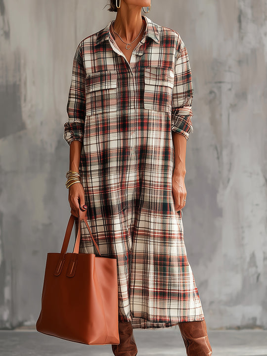 Bohemian Plaid Cotton Blend Shirt Midi Dress