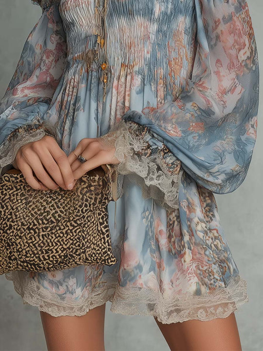 Off-Shoulder Smocked Chiffon Mini Dress