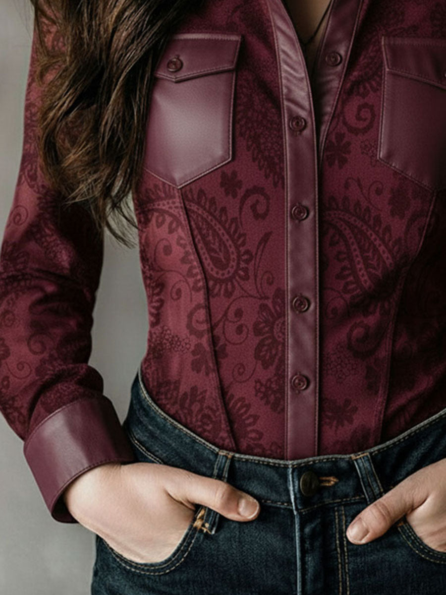 Western Charm Burgundy Paisley Embossed Blouse