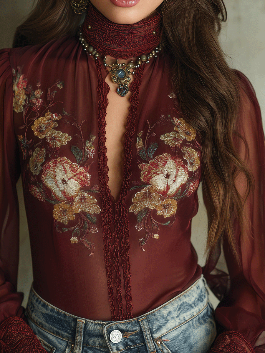 Romantic Burgundy Sheer Embroidery & Lace Cuffs Blouse