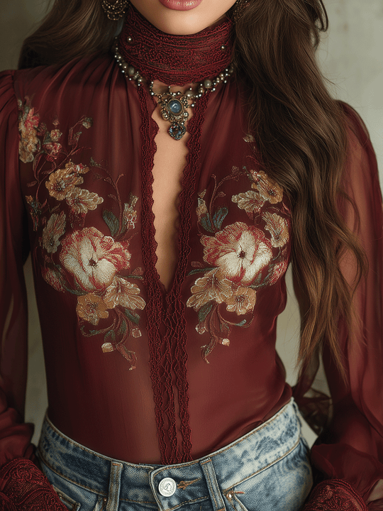 Romantic Burgundy Sheer Embroidery & Lace Cuffs Blouse