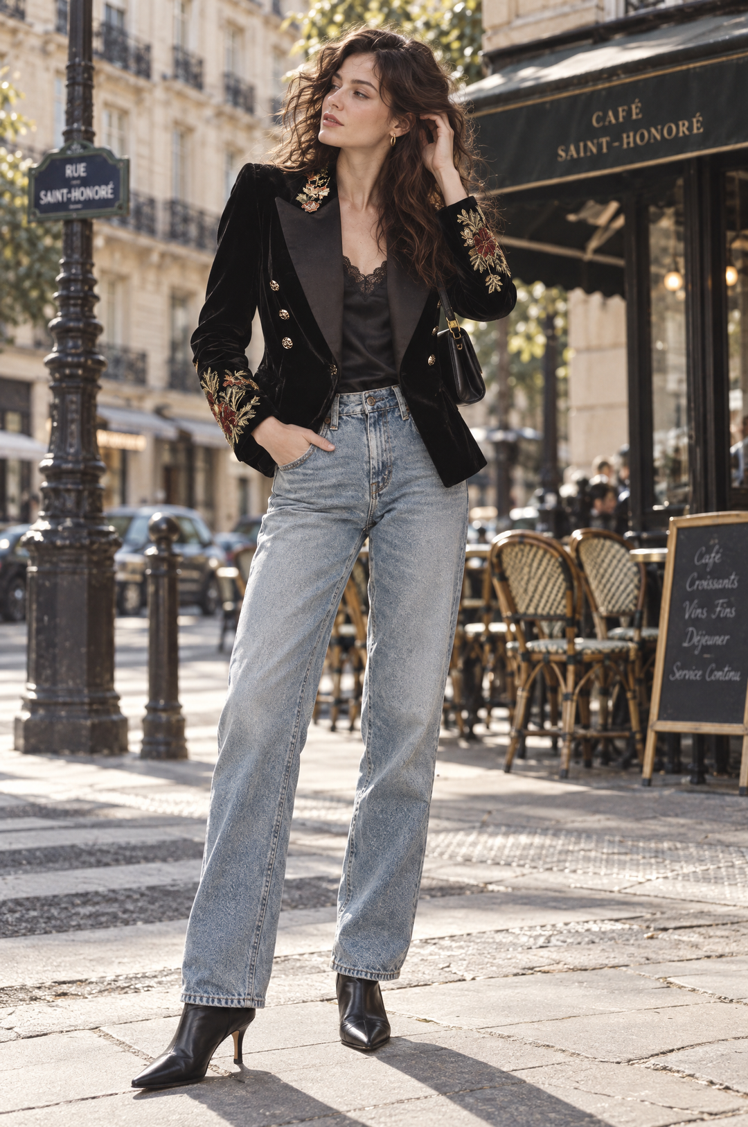 Quiet Luxury Floral Embroidery Satin Lapels Slim-fit Velvet Blazer