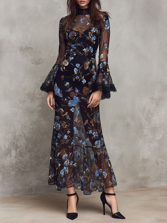 Black Floral Sheer Maxi Dress – Lace-Trimmed Bell Sleeves & High Neck