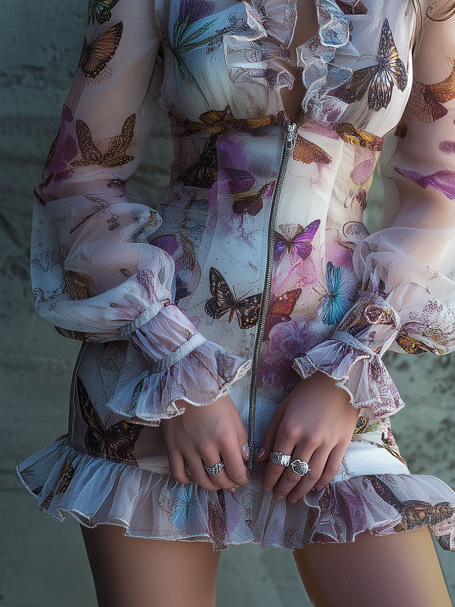 Chic Boho Zip Front Sheer Butterfly Print Ruffle Mini Dress