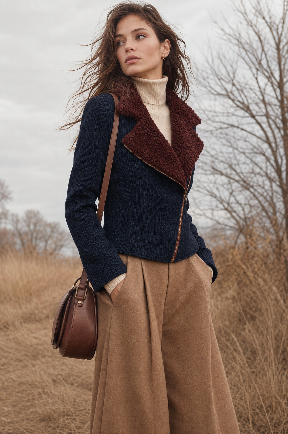 Retro Asymmetric Zip Placket Knit Jacket With Shearling-Style Lapel