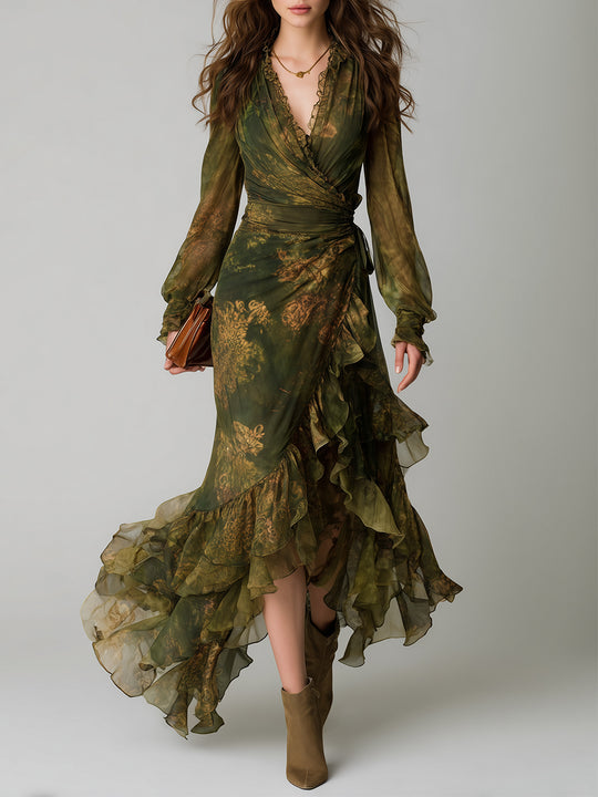 Bohemian Holiday Print Irregular Ruffled Hem Chiffon Maxi Dress