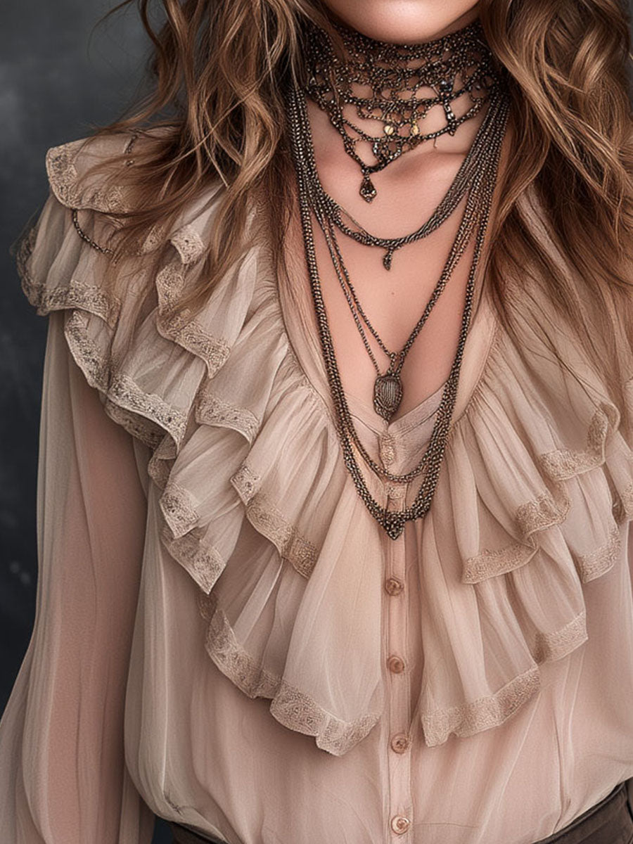 Vintage Champagne Ruffle Chiffon Blouse