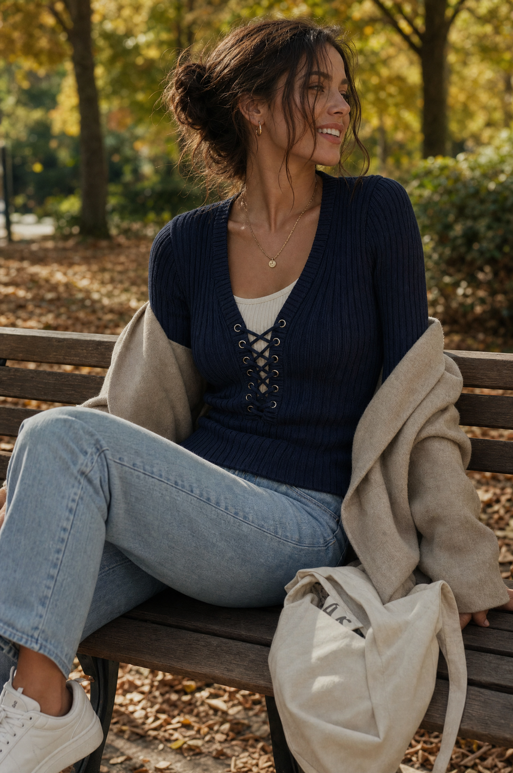 Retro Lace-Up Deep V-Neck Ribbed Knit Sweater