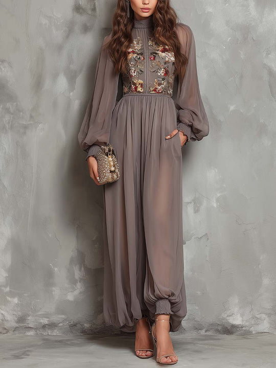 Embroidered Chiffon High-Neck Balloon-Sleeve Jumpsuit