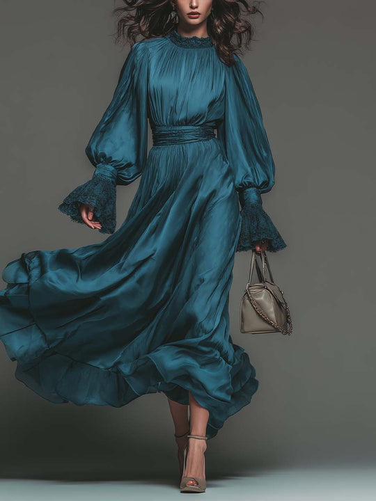 Deep Teal Satin Pleated Maxi Dress