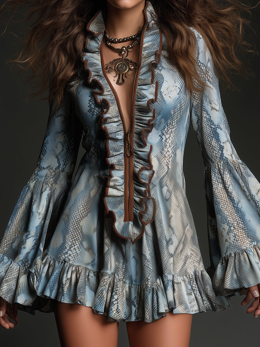 Bohemian Style Snake Print Ruffle Trim Flared Sleeve Mini Dress