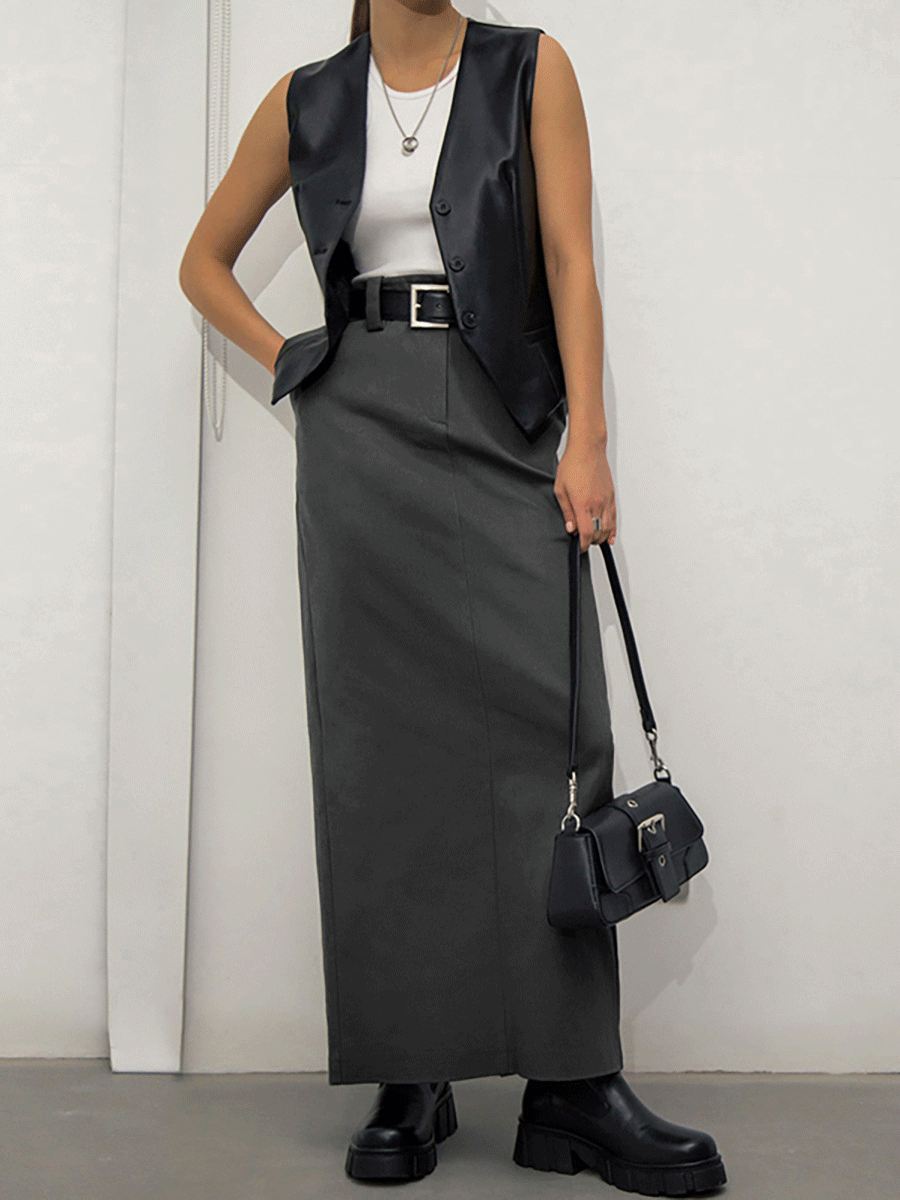 Gray Commuter High Waist Slit Straight Skirt