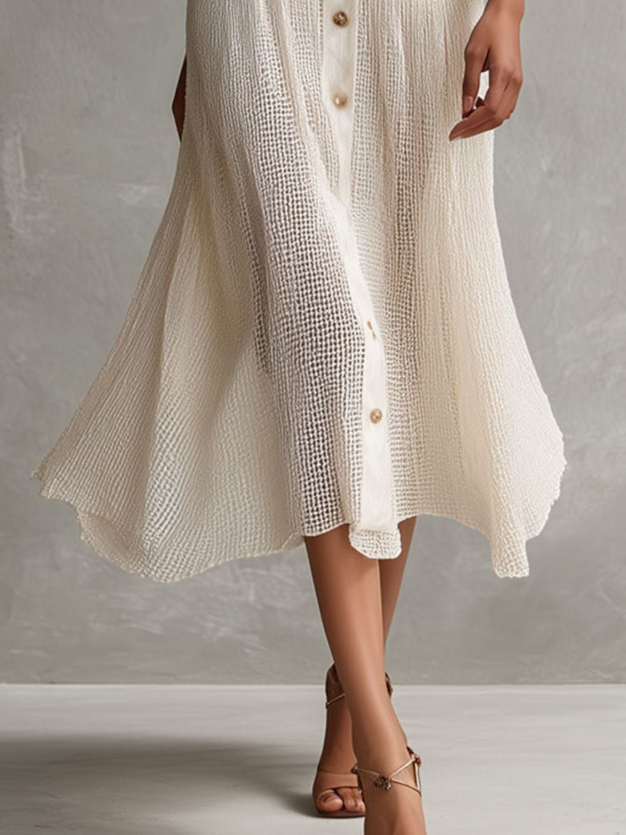 Quiet Luxury Ivory Cold-Shoulder Button-Front Midi Dress