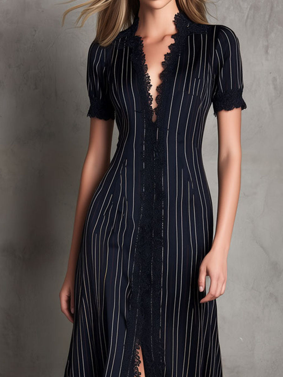 Retro Elegant V-neck Navy Pinstripe Lace Front-Slit Evening Dress