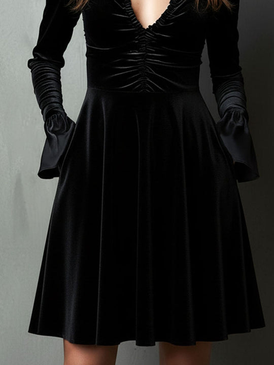 Classic Black Velvet Ruched A-Line Dress