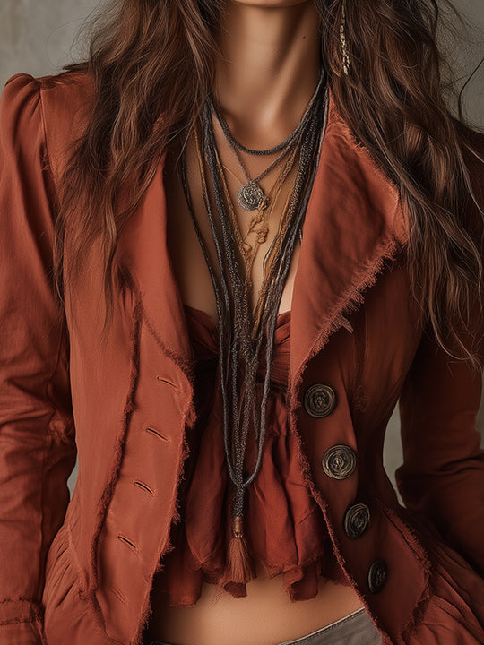 Nomadic Bohemian Puff-sleeved Washed Cotton Jacket With Raw Trim