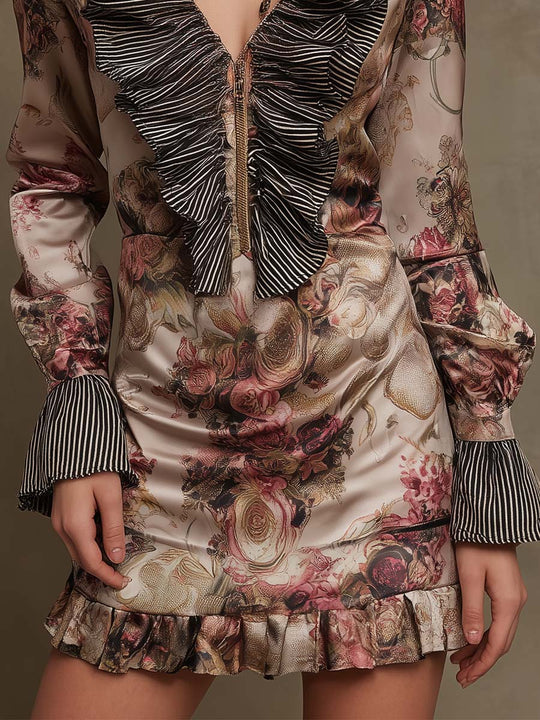 Floral Ruffle Zip-Front Satin Mini Dress