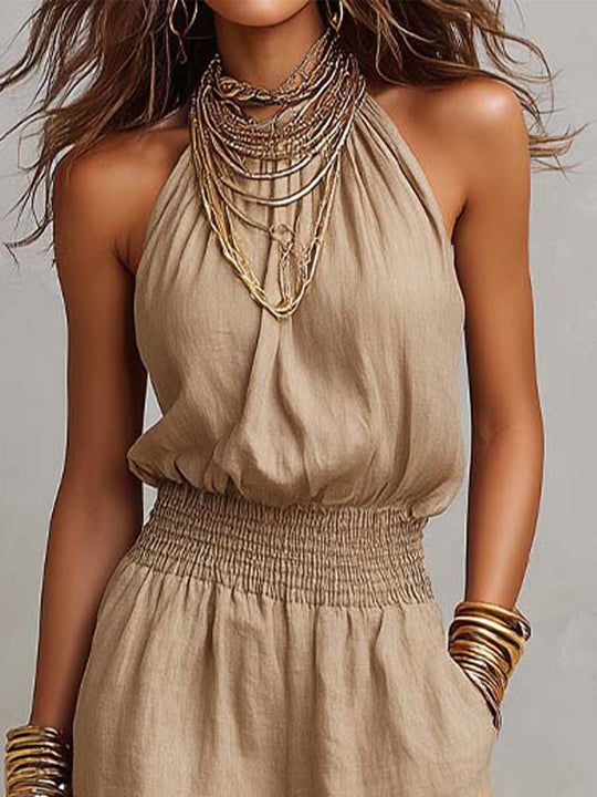 Tan Cotton Linen Halter Neck Smocked Waist Wide Leg Jumpsuit