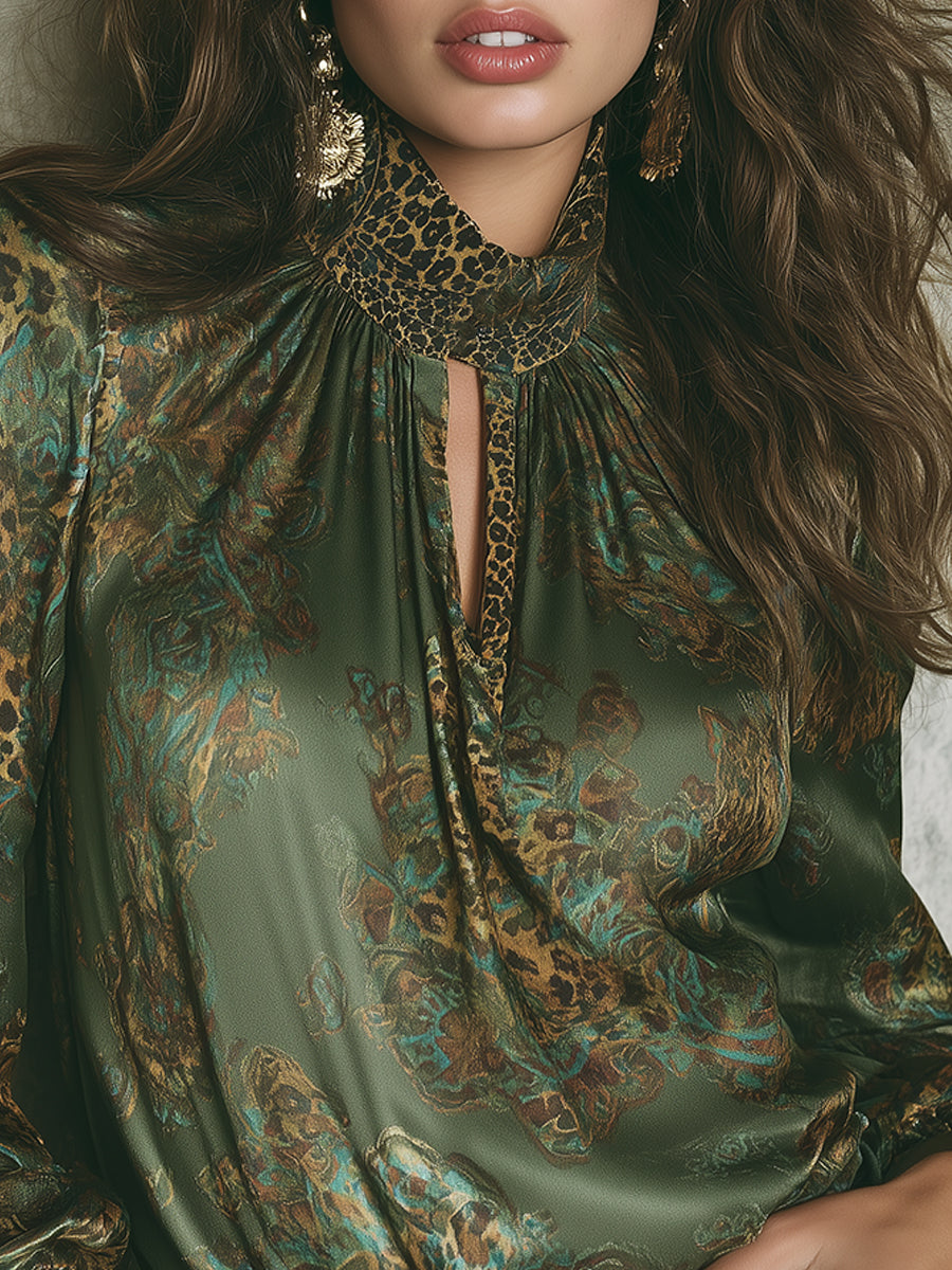 Elegant Leopard Print Satin Blouse With Keyhole Neckline
