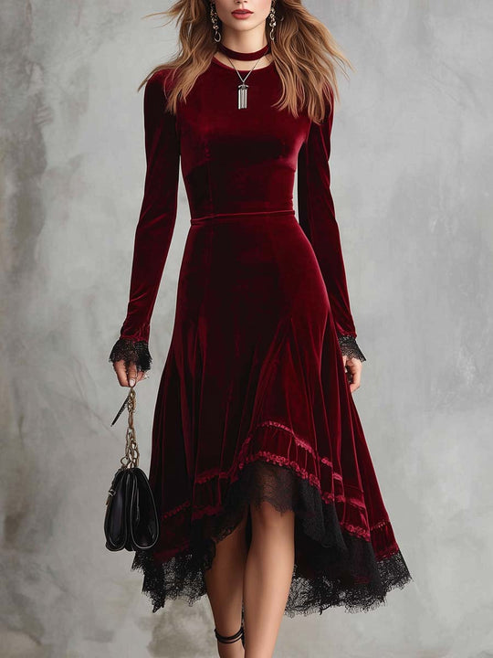 Vintage Lace Trim Flare Hem Polyester Velvet Midi Dress