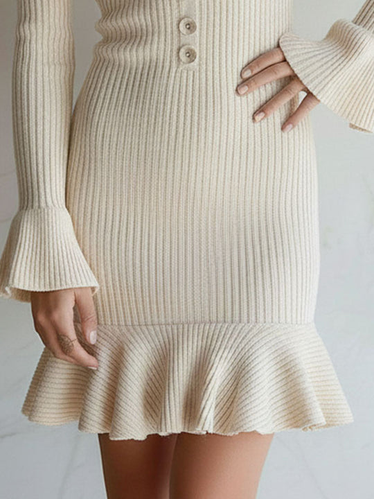 Elegant Cream Flared Cuffs Ribbed Knit Mini Dress With Ruffled Hem