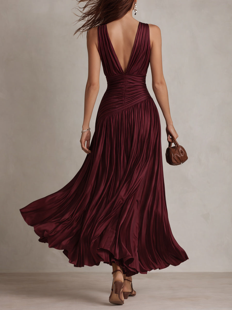 Vintage Striped Pleated Satin Maxi Dress